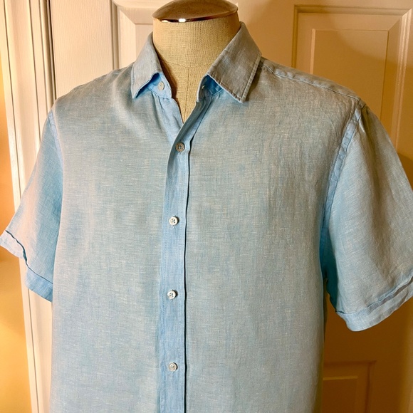 EUC Men's Porter & Ash Ocean Blue Short Sleeve Linen Button Front Shirt Size XL - Picture 2 of 4